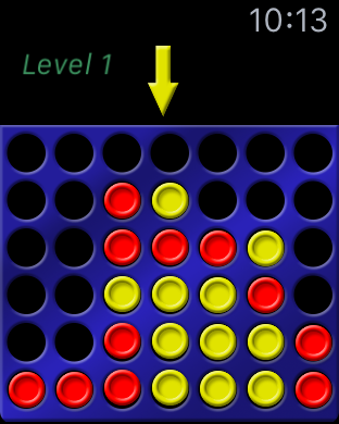 Four Aligned gameplay on Apple Watch with red and yellow pieces on an indigo board