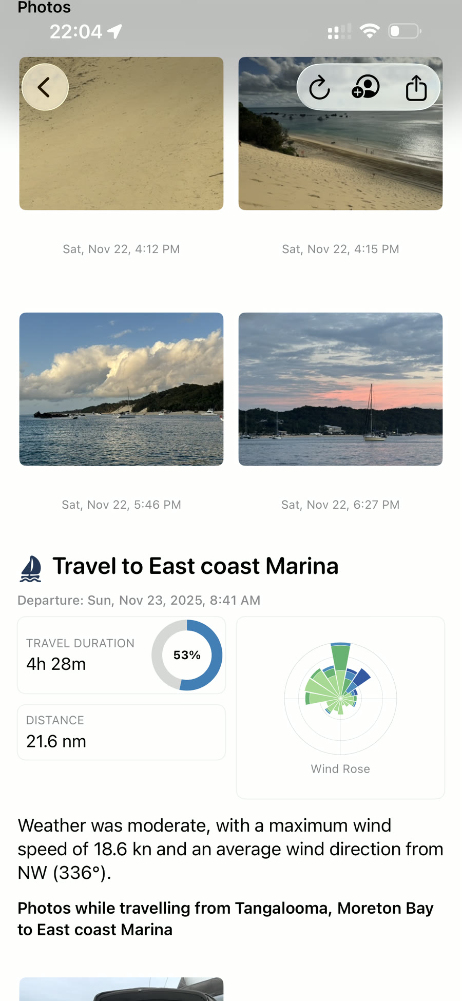 Trip photos and a sailing journey shown on iPhone