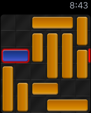Unblock Tile game board on Apple Watch with orange blocks and a blue target tile